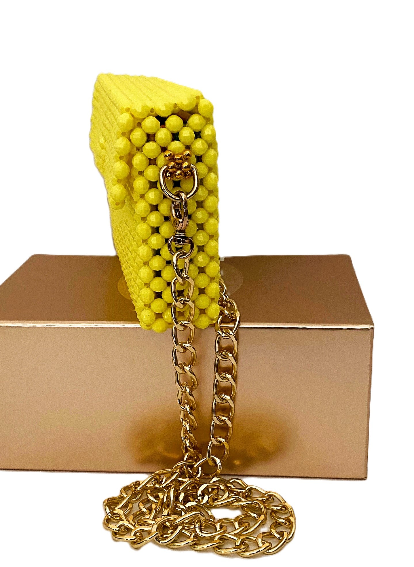 Lemon beaded clutch bag with chain