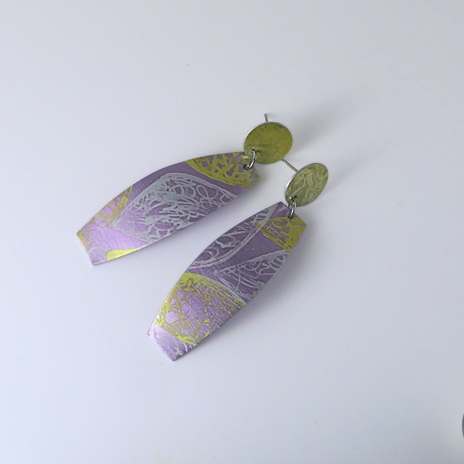 Anodised aluminium earrings hand printed Lemon Lace Collection