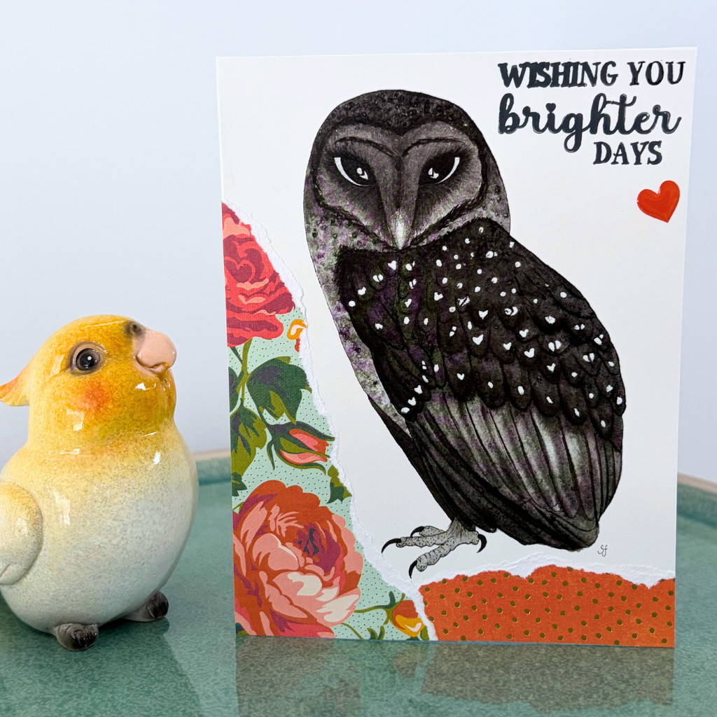 Sooty owl "Wishing you brighter days" card