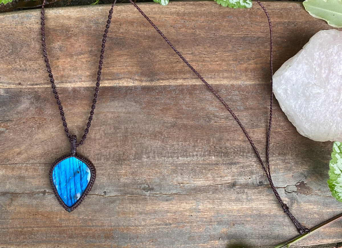 Labradorite Pendant: Blue flash Beaded Macrame, Adjustable Boho Gift