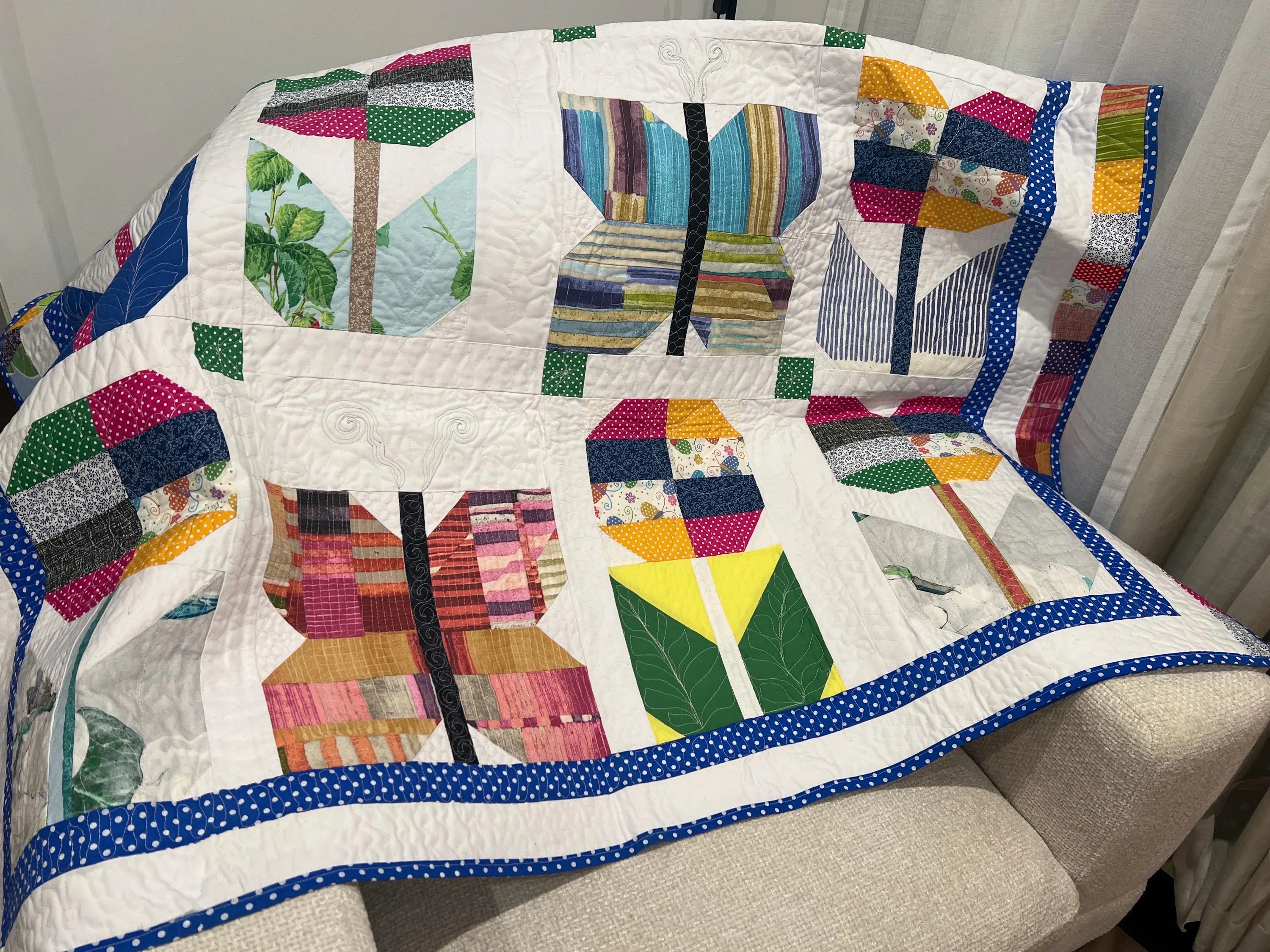 Handmade Butterfly Quilt: Floral Patchwork Cotton Bedding soft cozy blanket