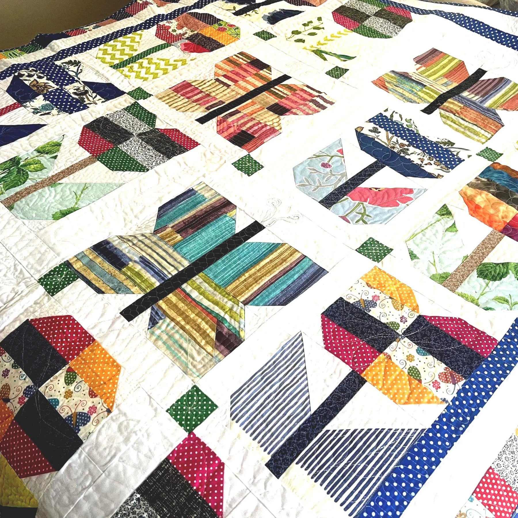 Handmade Butterfly Quilt: Floral Patchwork Cotton Bedding soft cozy blanket