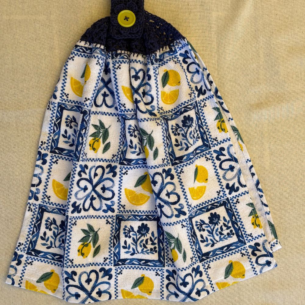 Crochet-Topped Cotton Hanging Towel - BLUE TONES