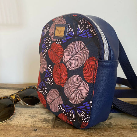 Convertible Backpack/Crossbody Bag - Blue Butterflies/Navy Faux Leather