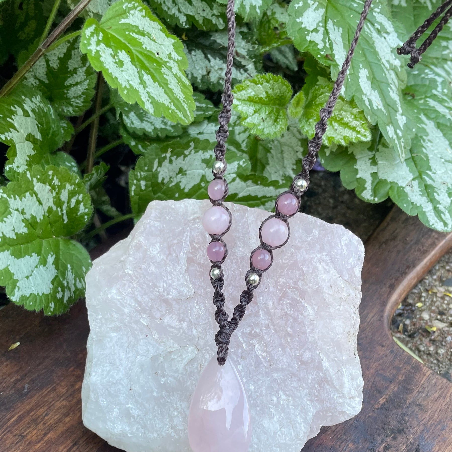 Rose Quartz Pendant, Necklace, adjustable boho macrame