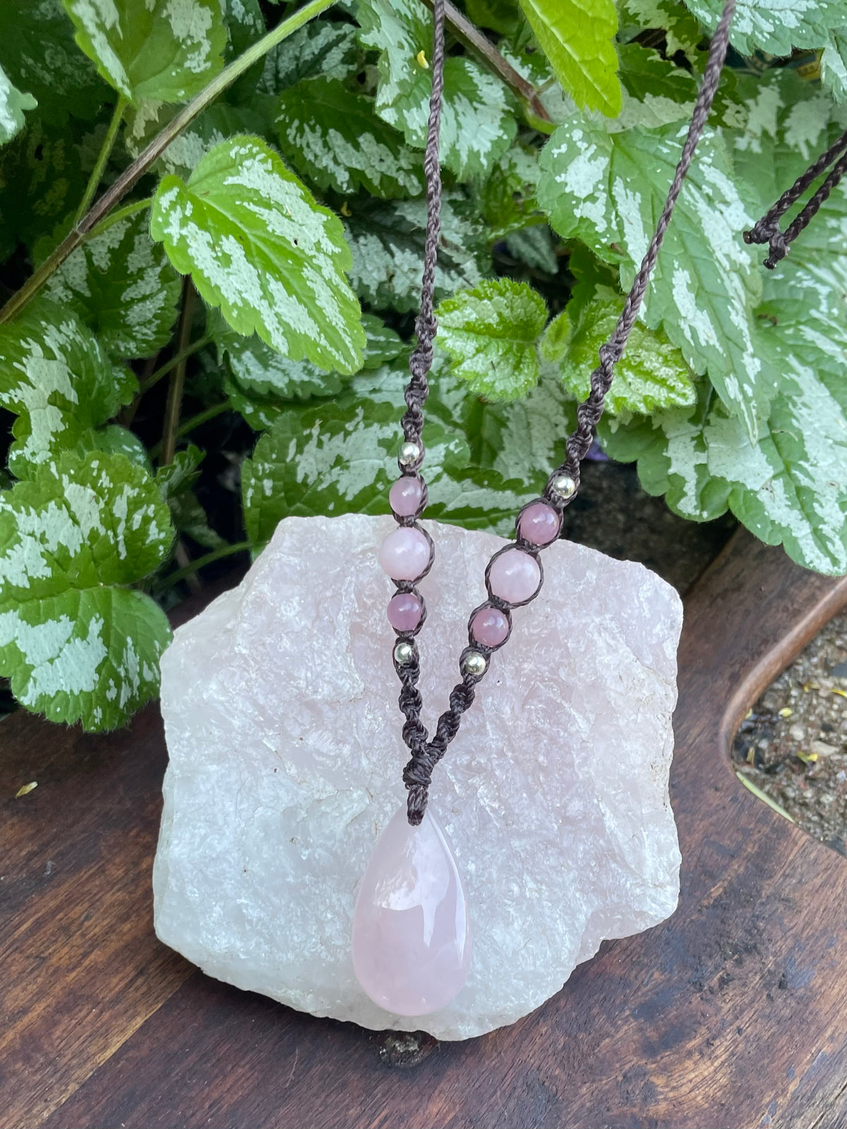 Rose Quartz Pendant, Necklace, adjustable boho macrame