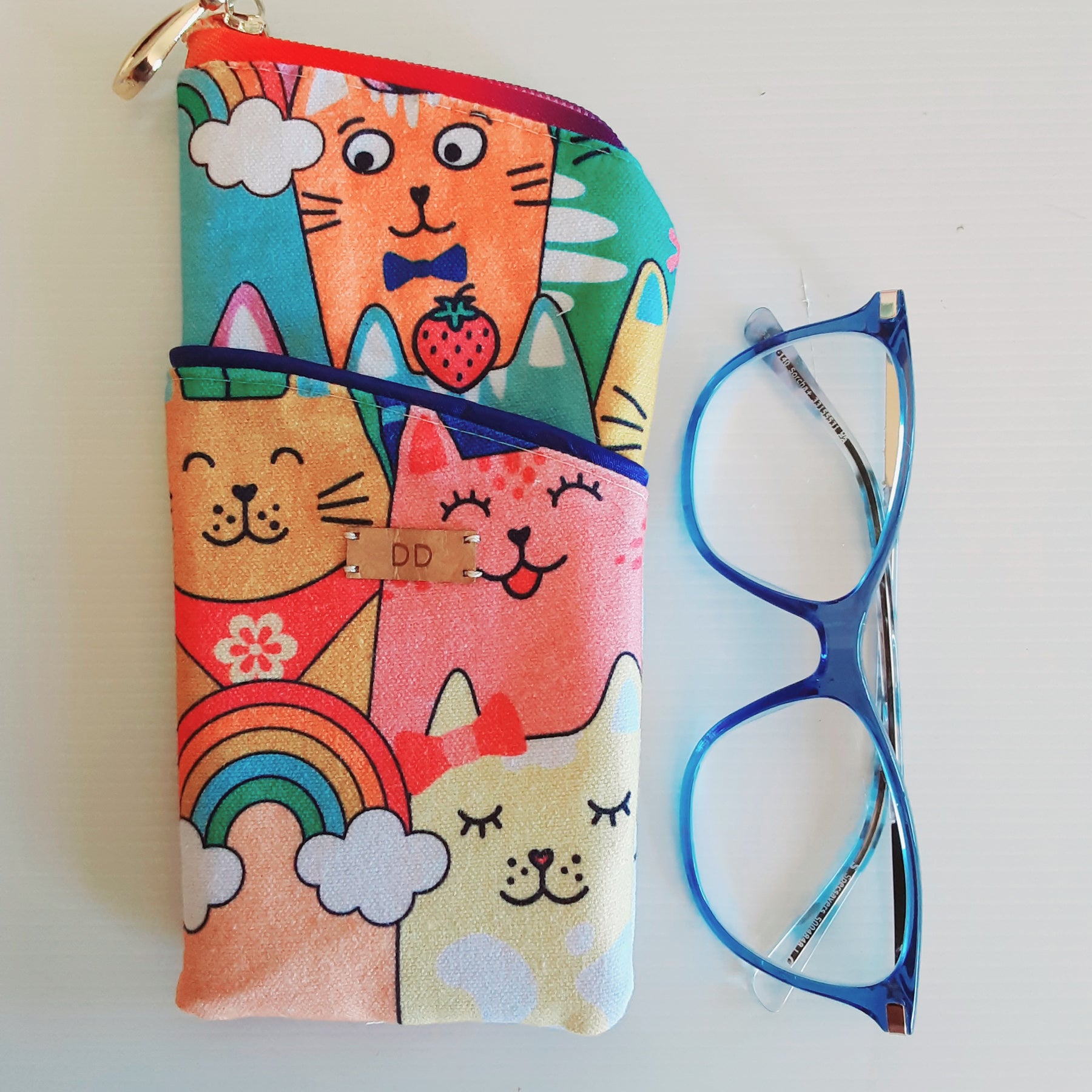 Handmade Padded Sunglass Case, Zippered Eyeglass Pouch, Cat Print