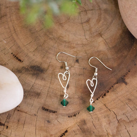 Silver Heart Earrings with Dark Green Glass Crystals