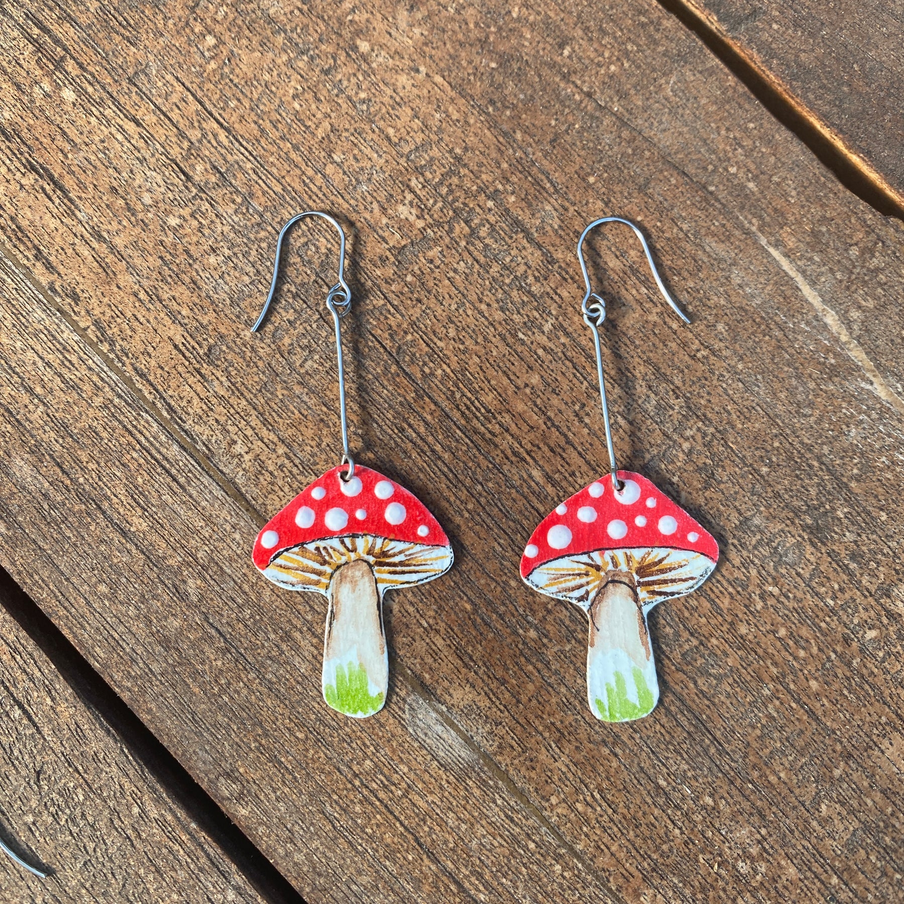Small Toadstool Earrings – Hand-painted Brass Jewellery