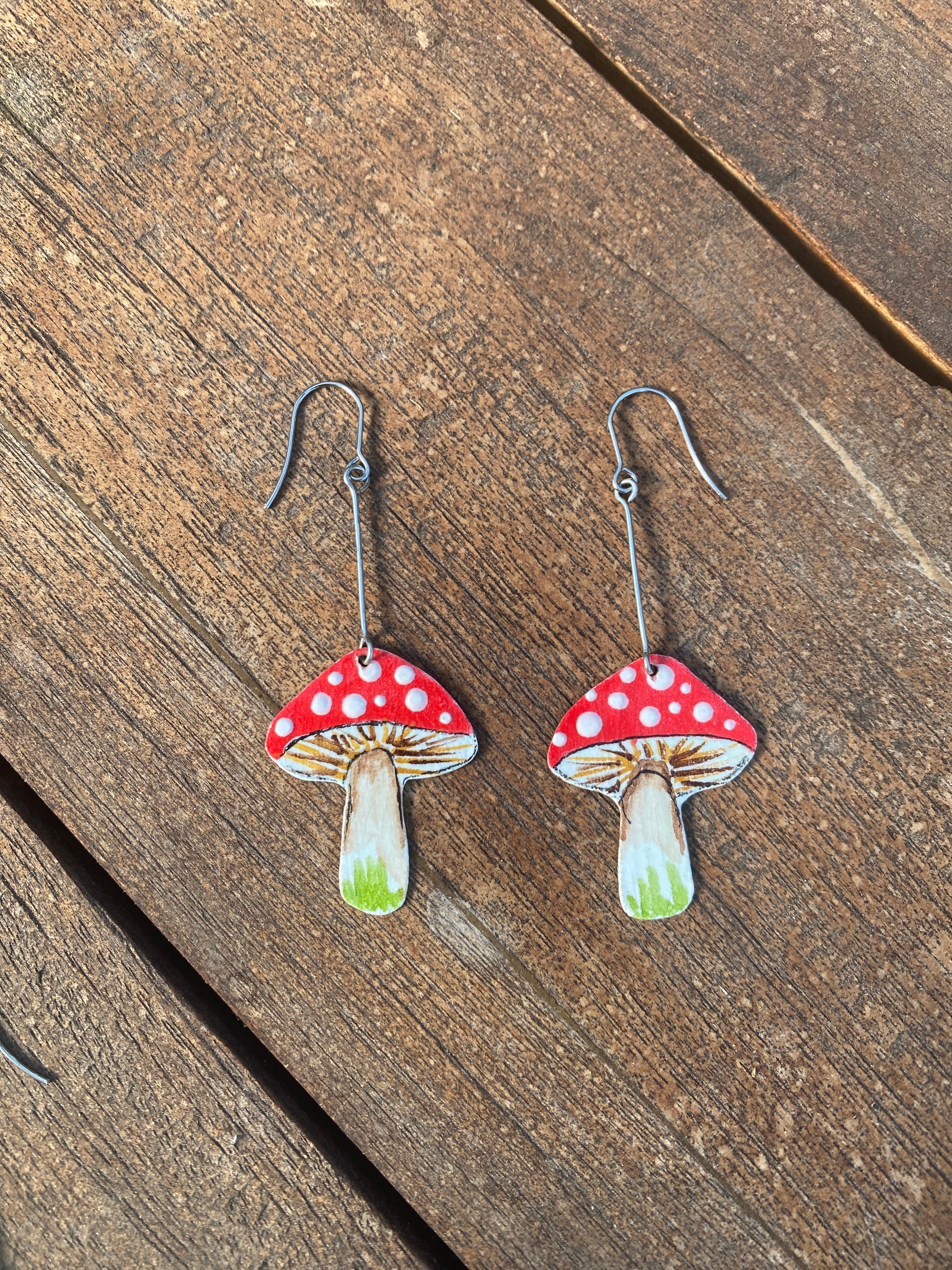 Small Toadstool Earrings – Hand-painted Brass Jewellery