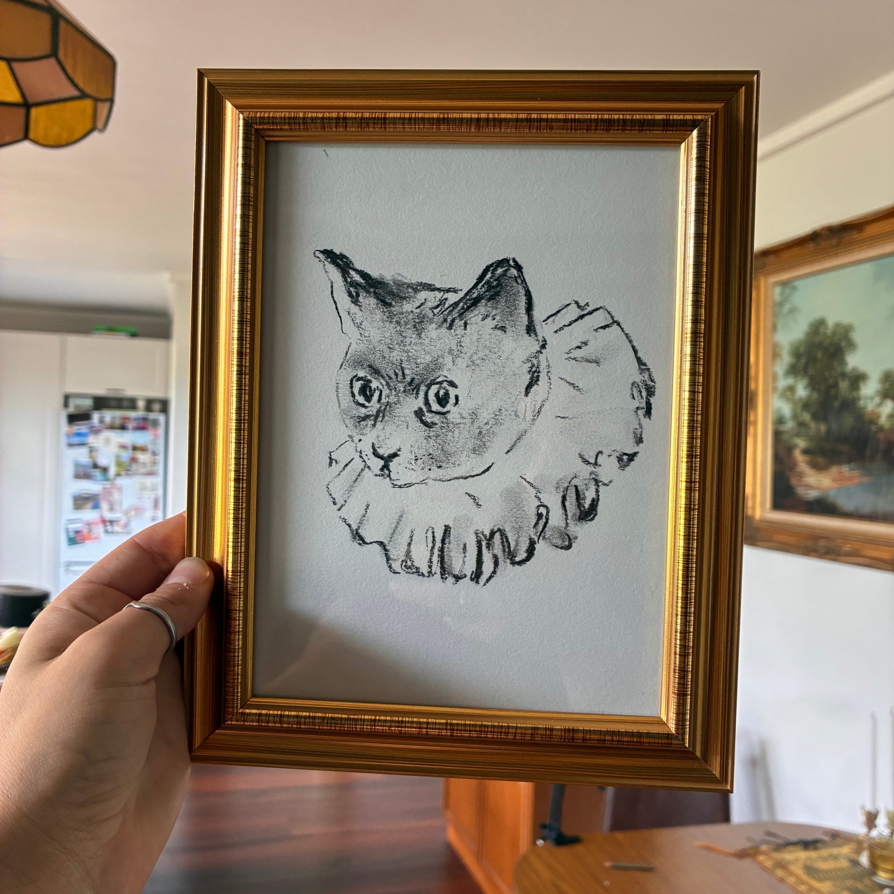 charcoal drawing of a clown cat