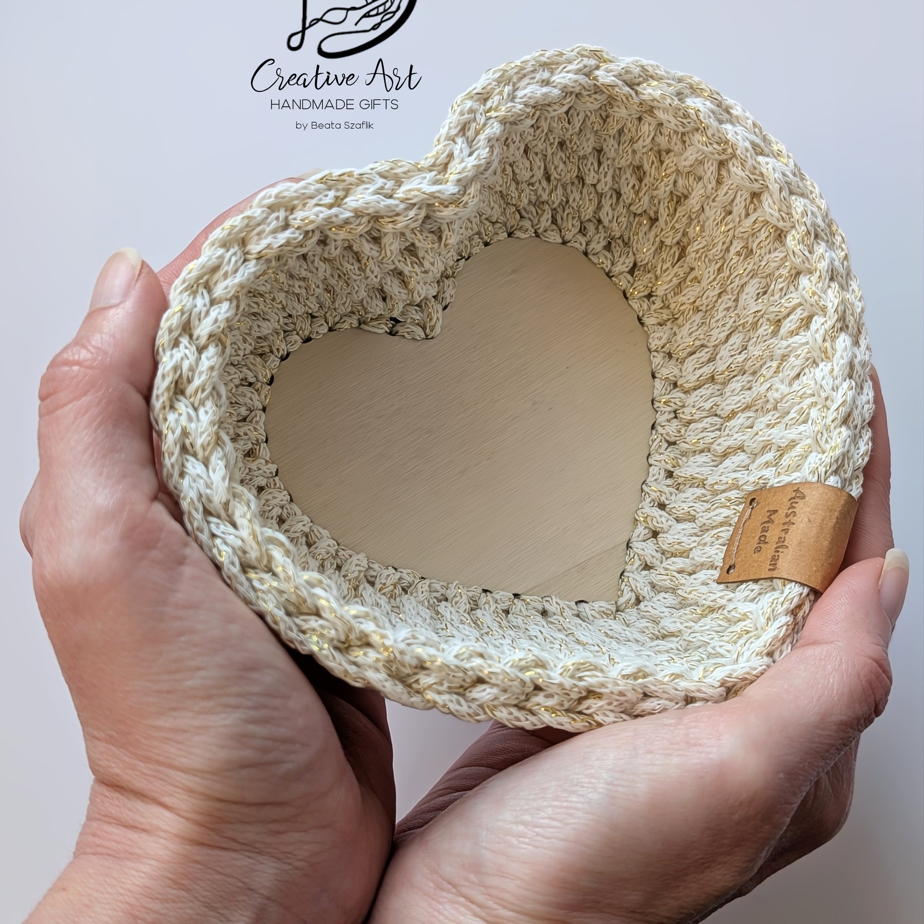 Crochet Heart Trinket Basket with Wood Base