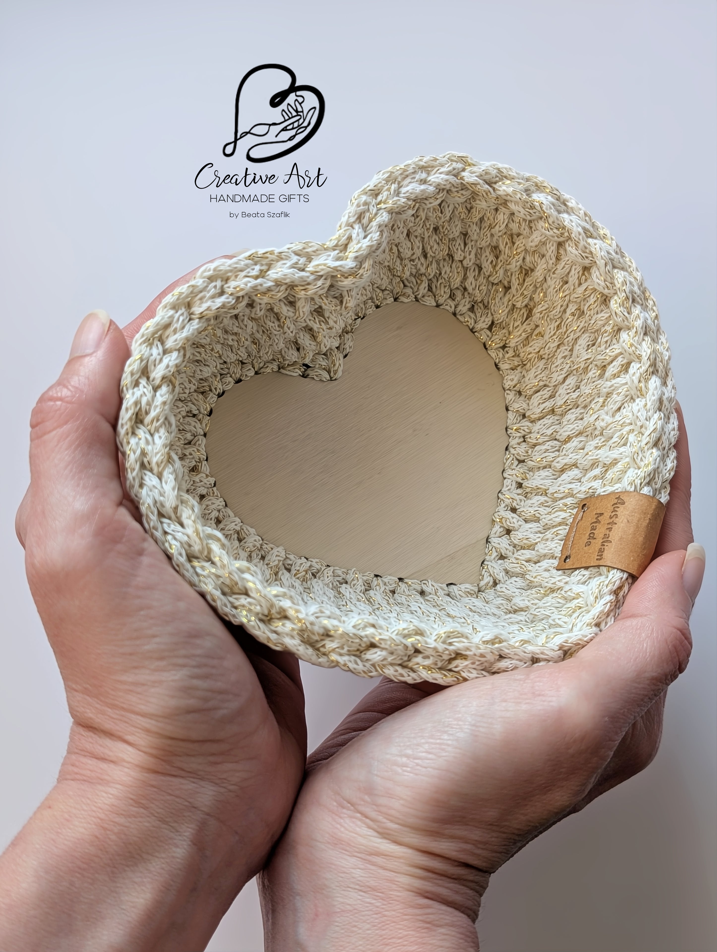 Crochet Heart Trinket Basket with Wood Base