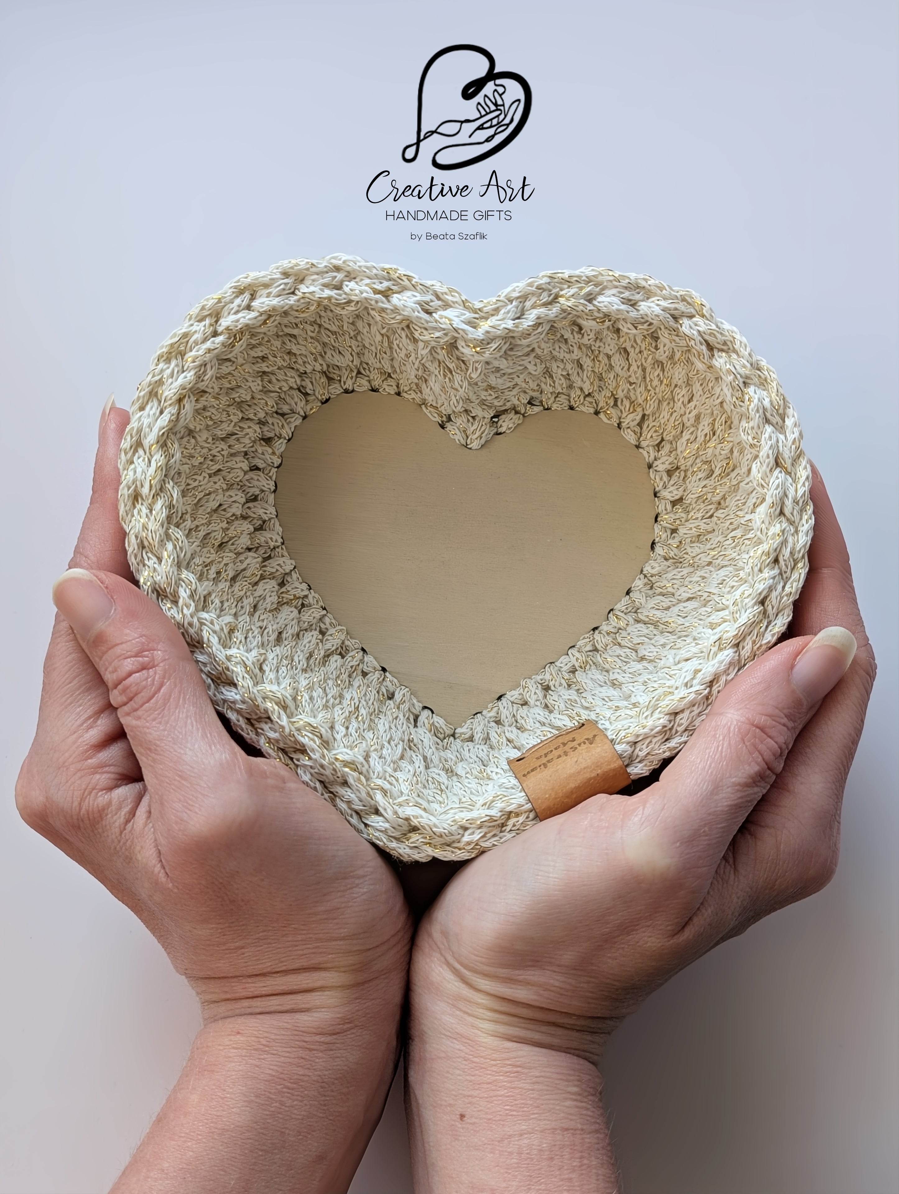 Crochet Heart Trinket Basket with Wood Base