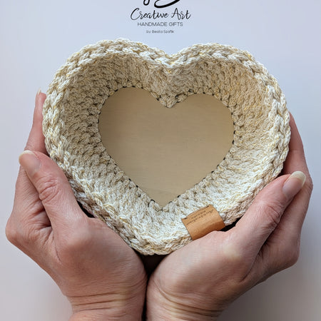Crochet Heart Trinket Basket with Wood Base
