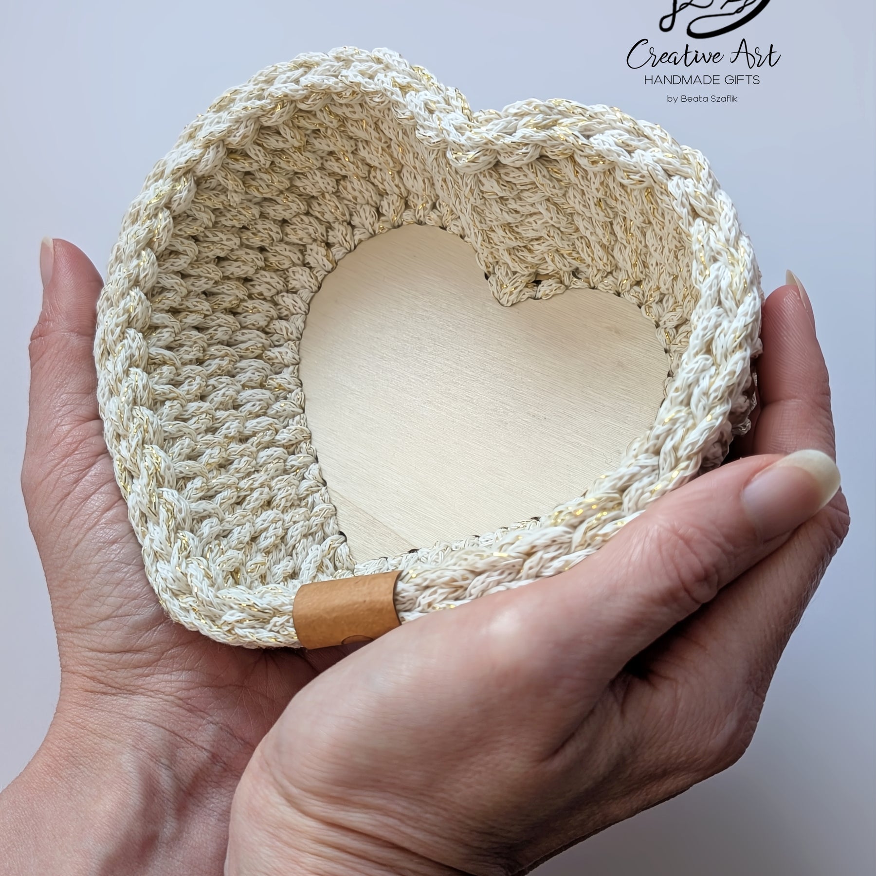 Crochet Heart Trinket Basket with Wood Base