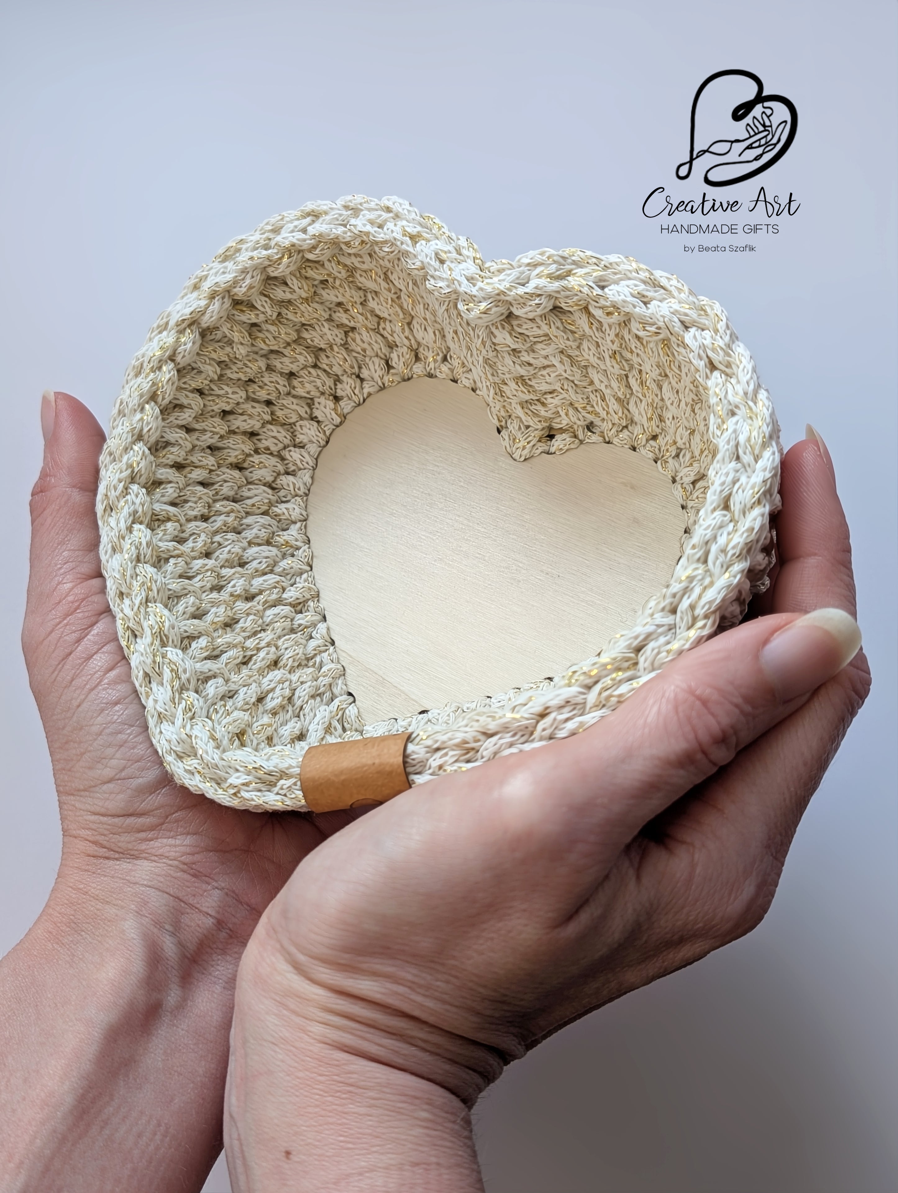 Crochet Heart Trinket Basket with Wood Base