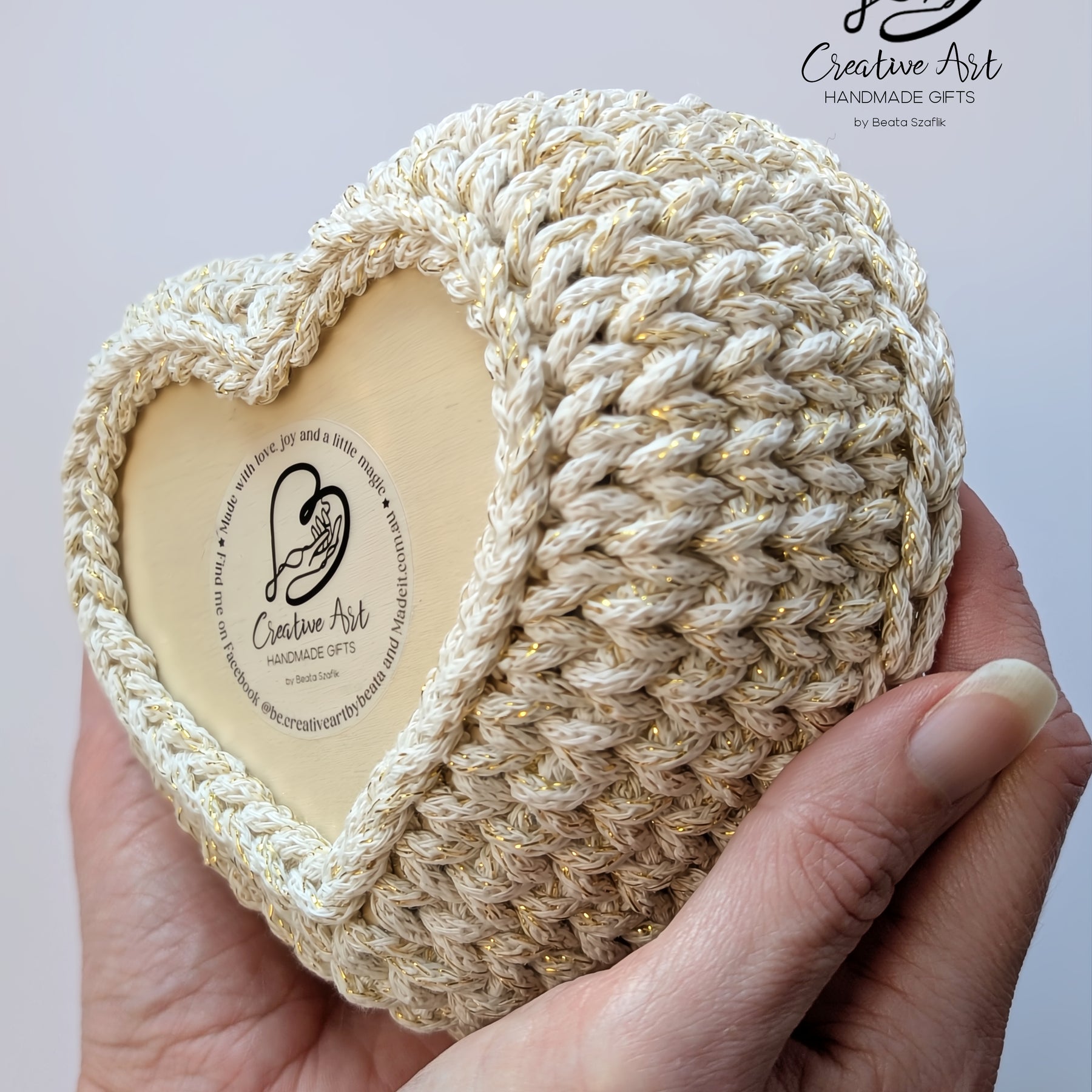 Crochet Heart Trinket Basket with Wood Base