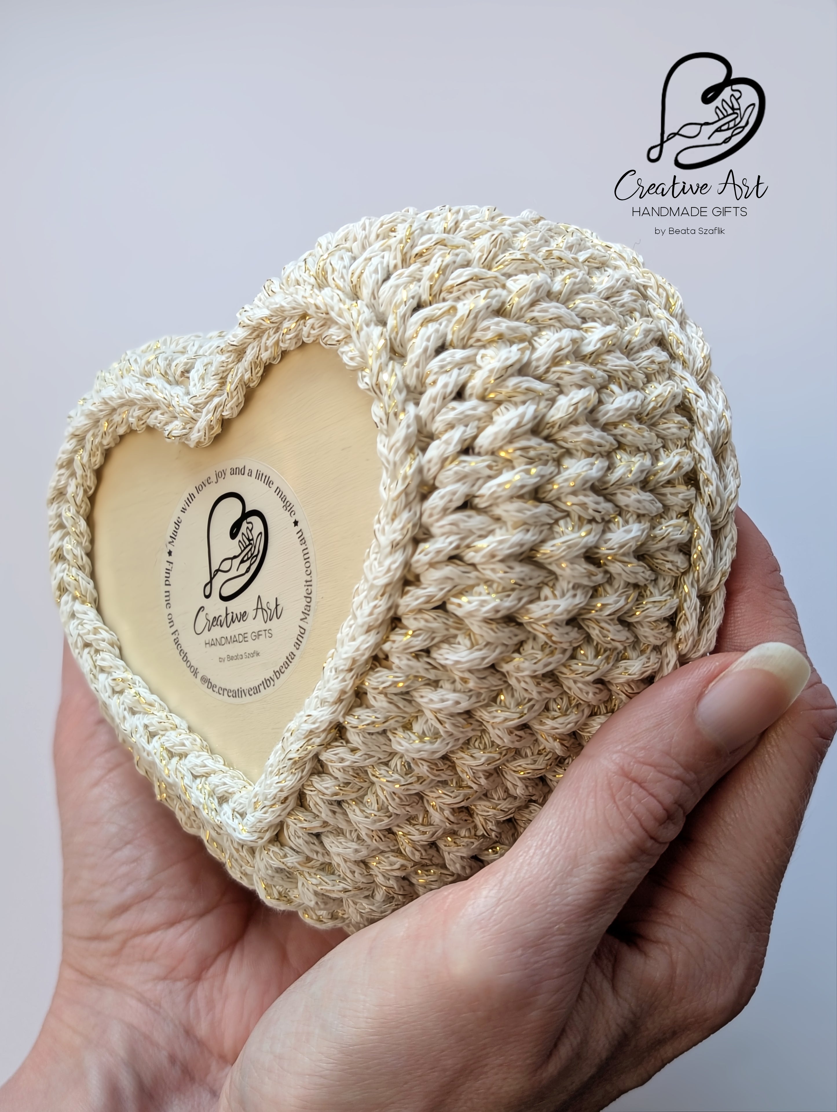 Crochet Heart Trinket Basket with Wood Base