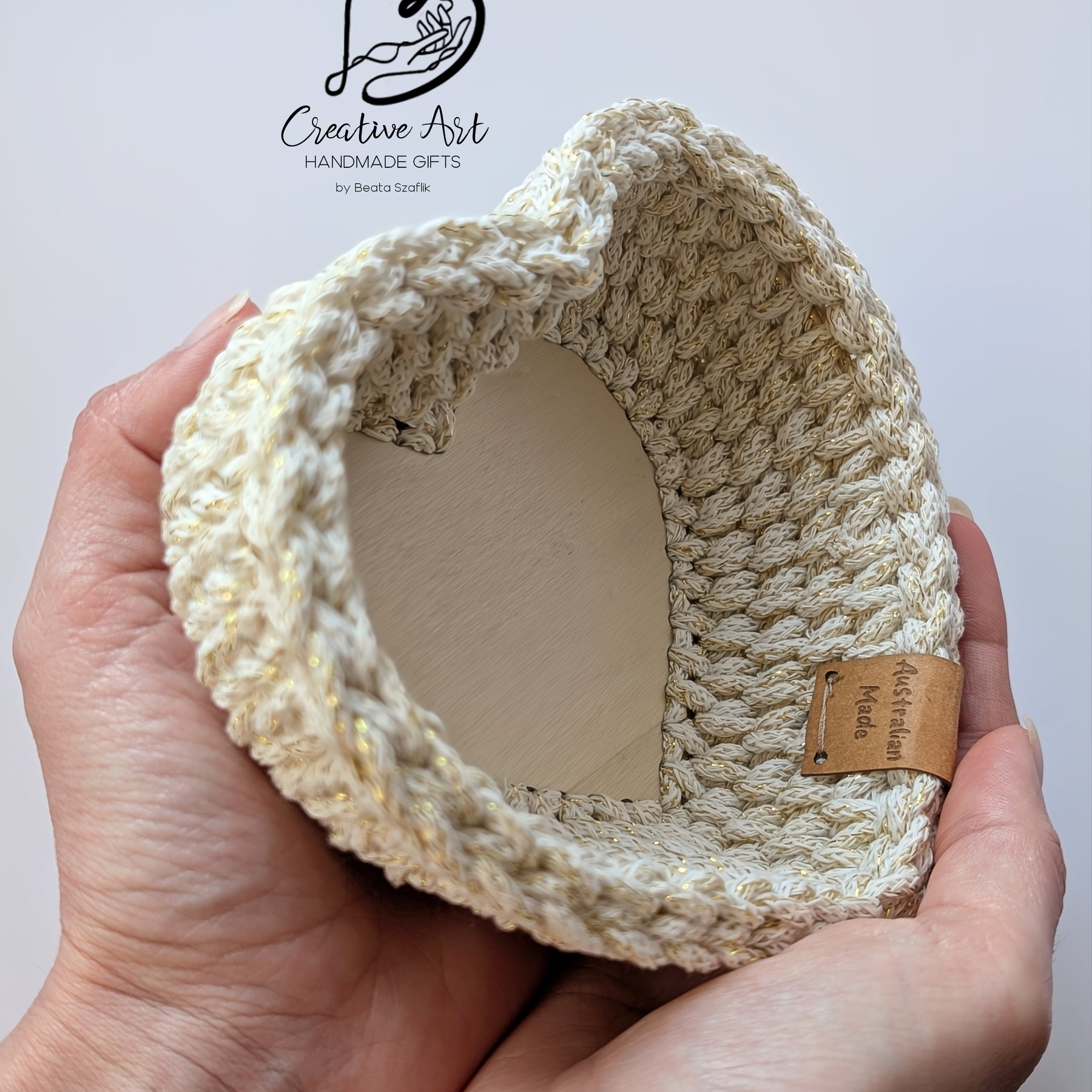 Crochet Heart Trinket Basket with Wood Base