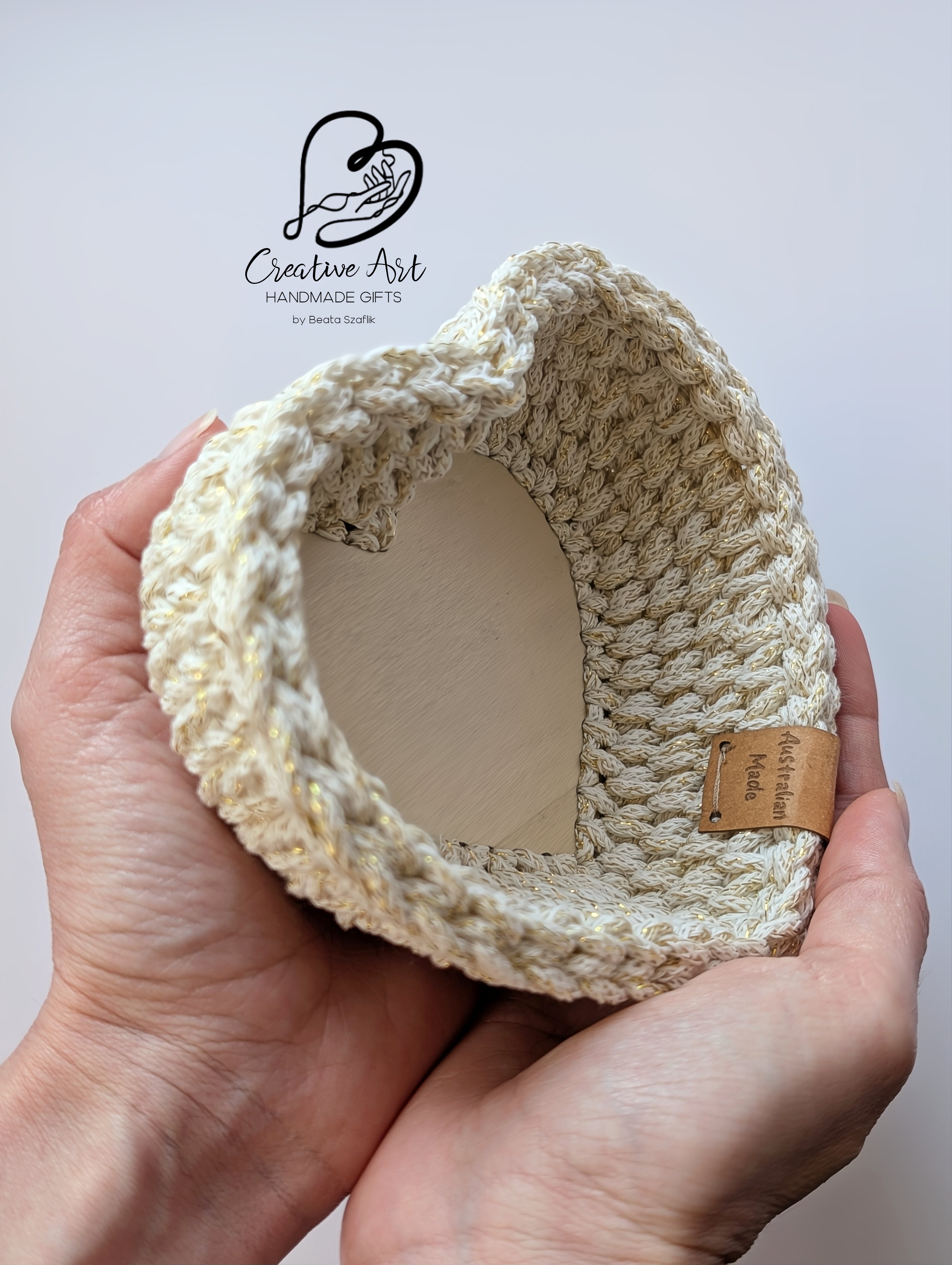 Crochet Heart Trinket Basket with Wood Base