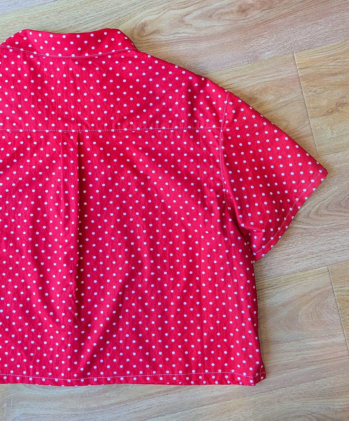 Upcycled Cotton Polka Dot Crop Button-up Shirt (Red & White / Size L)