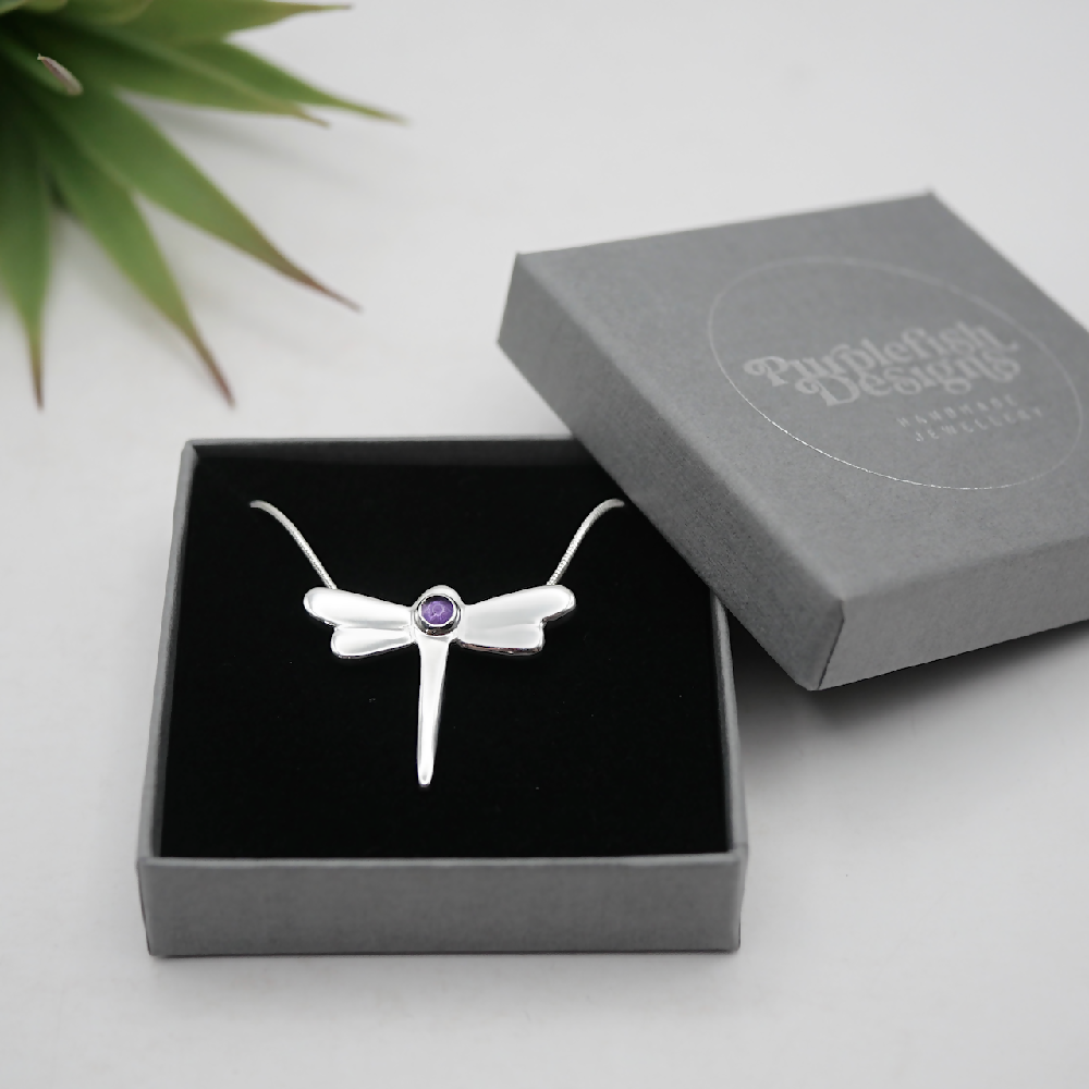 dragonfly amethyst sterling silver pendant gift box sml
