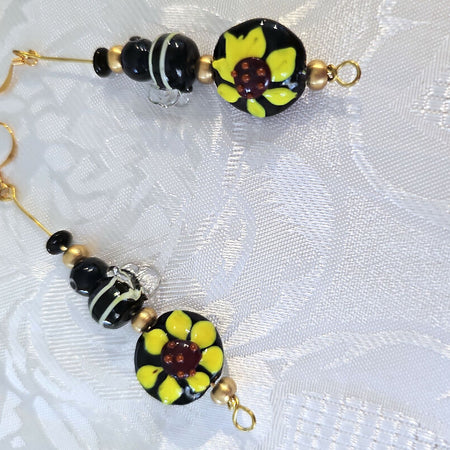 Artisan Made Lampwork Bee and Sunflower Earrings