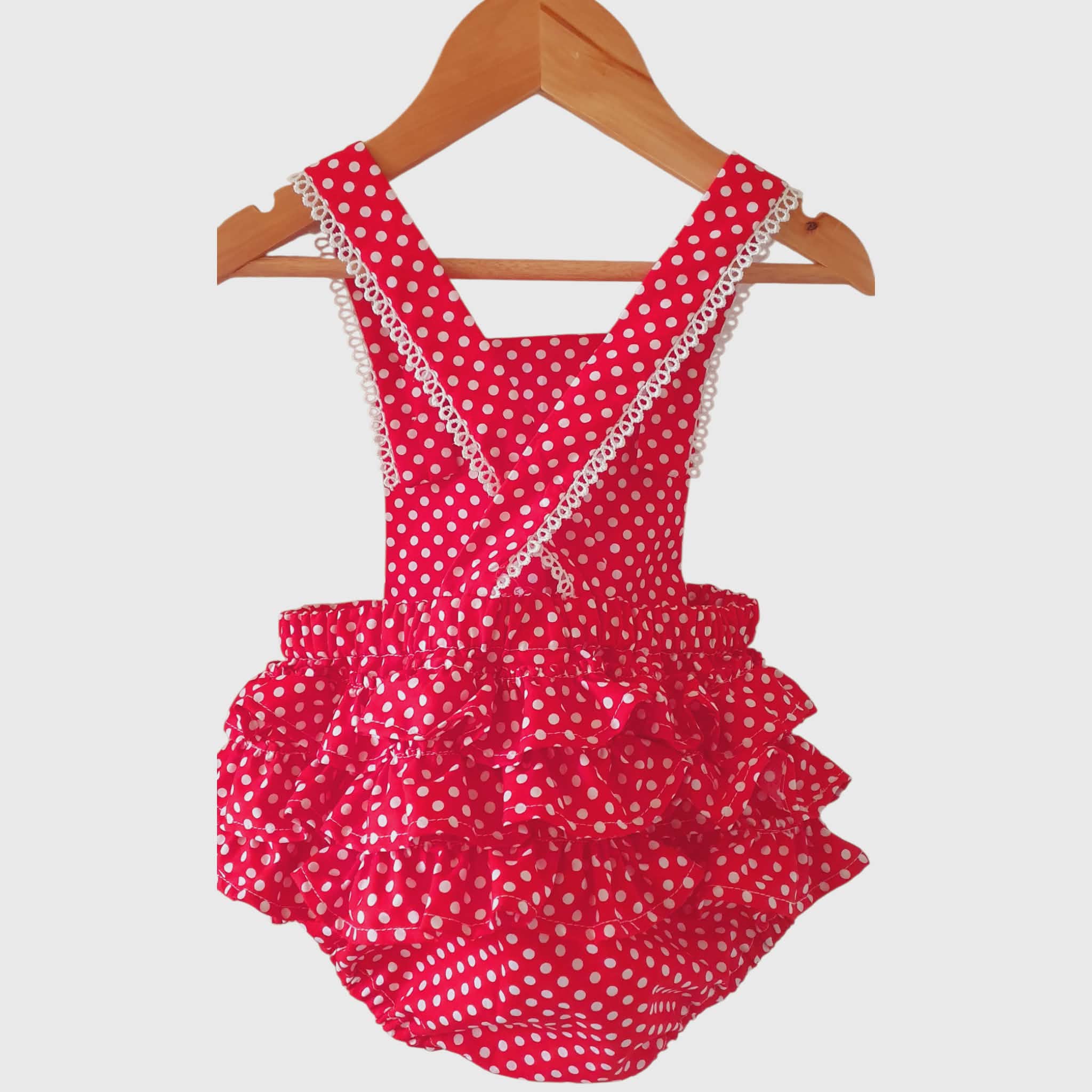 Red Polka Dot Baby Ruffle Romper & Matching Sun Hat Set – Handmade Girls Summer Outfit