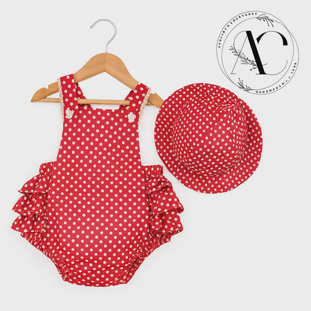 Red Polka Dot Baby Ruffle Romper & Matching Sun Hat Set – Handmade Girls Summer Outfit