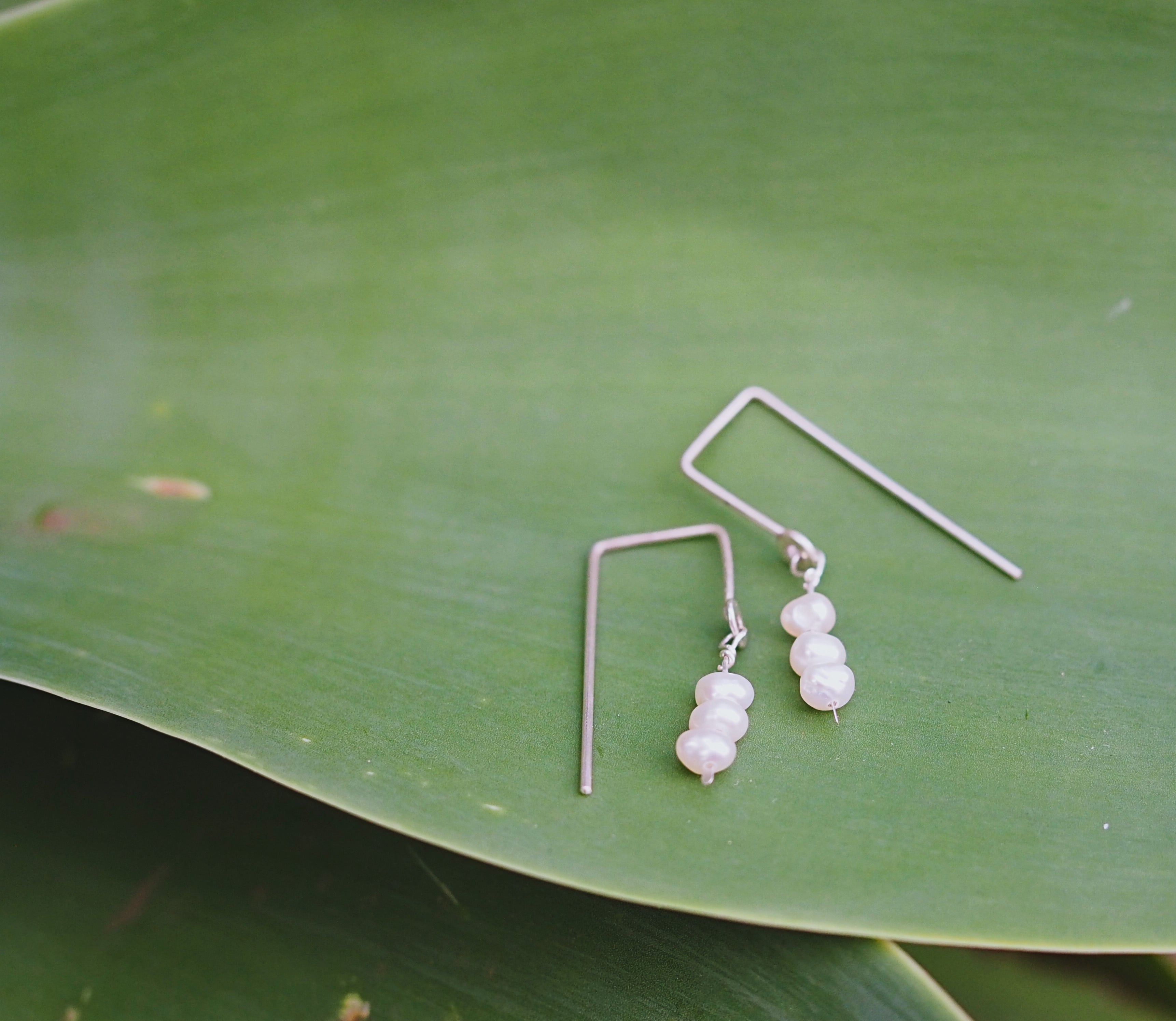 Geometric Threaded Pearl Earrings | Sterling Silver