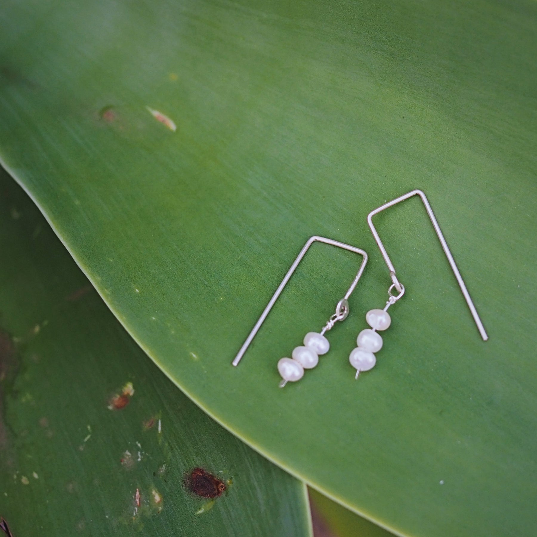Geometric Threaded Pearl Earrings | Sterling Silver