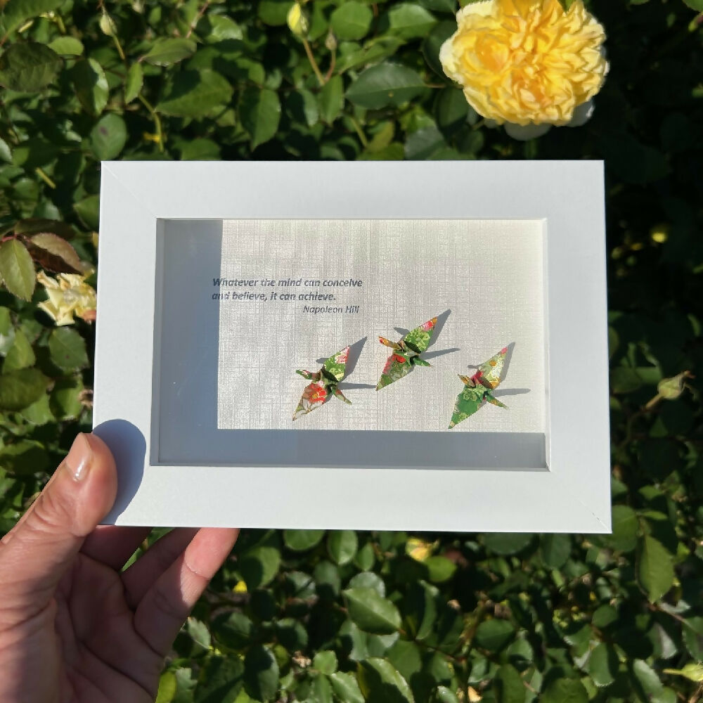 Framed inspiration quote and colourful cranes - I haven't been everywhere but it's on my list