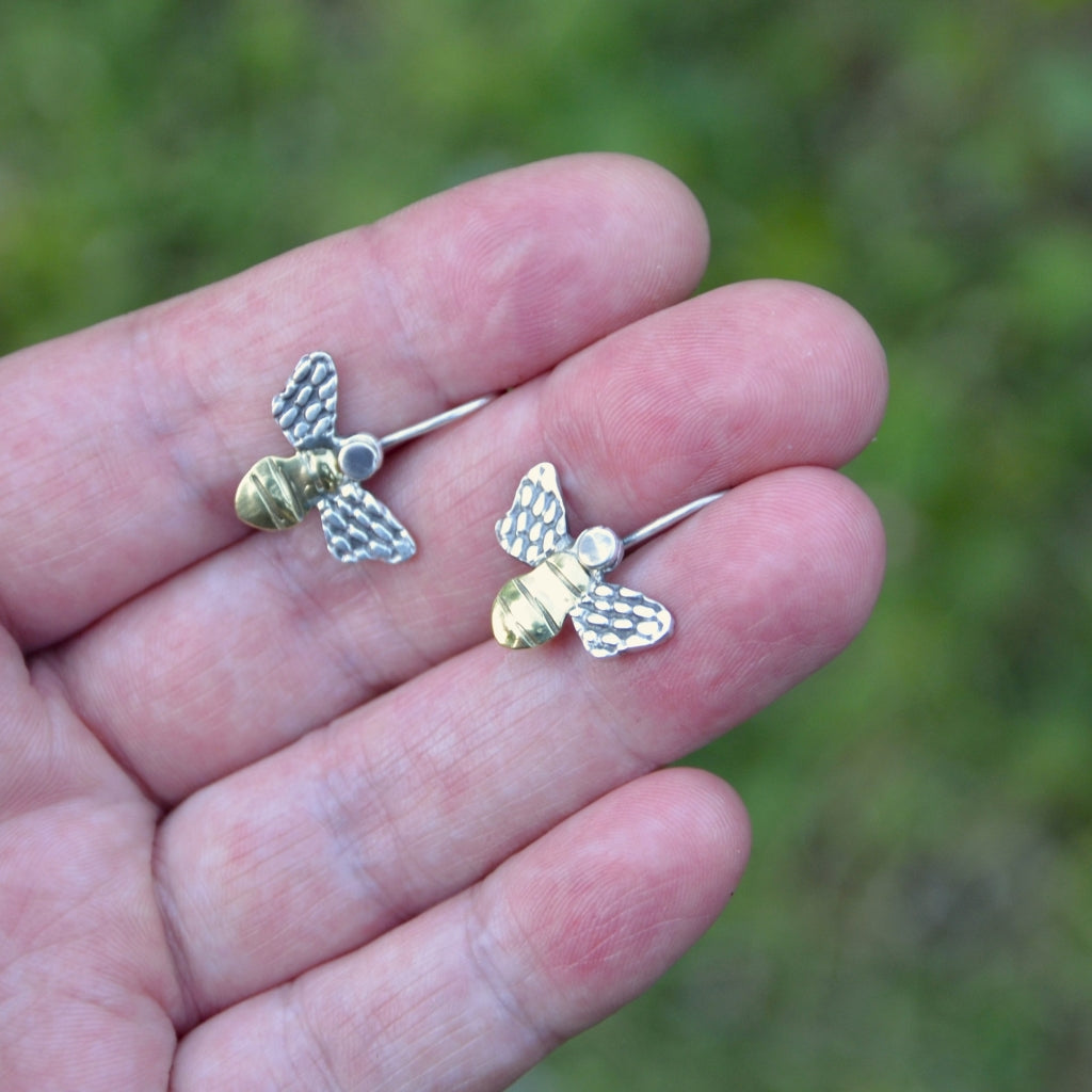 Brass and Silver Bee Dangle Earrings