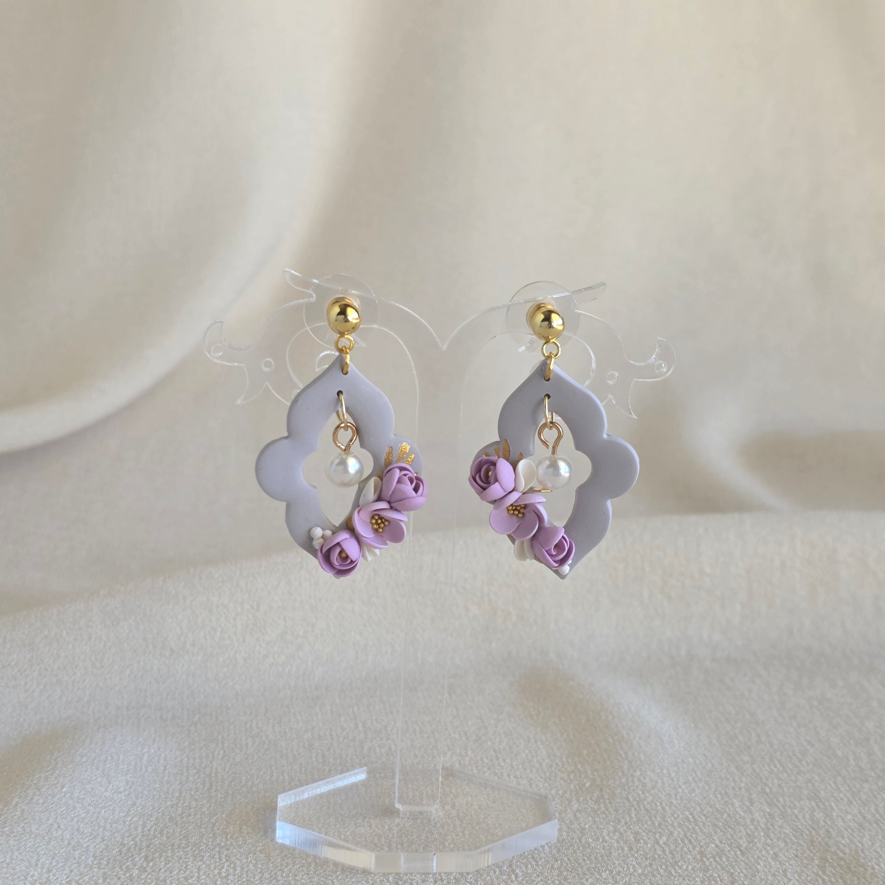 Blush Pink Floral Polymer Clay Earrings | Handmade Flower Earrings | Lightweight Gold & Pearl Statement Earrings | Bridal Jewellery | Gift for Her