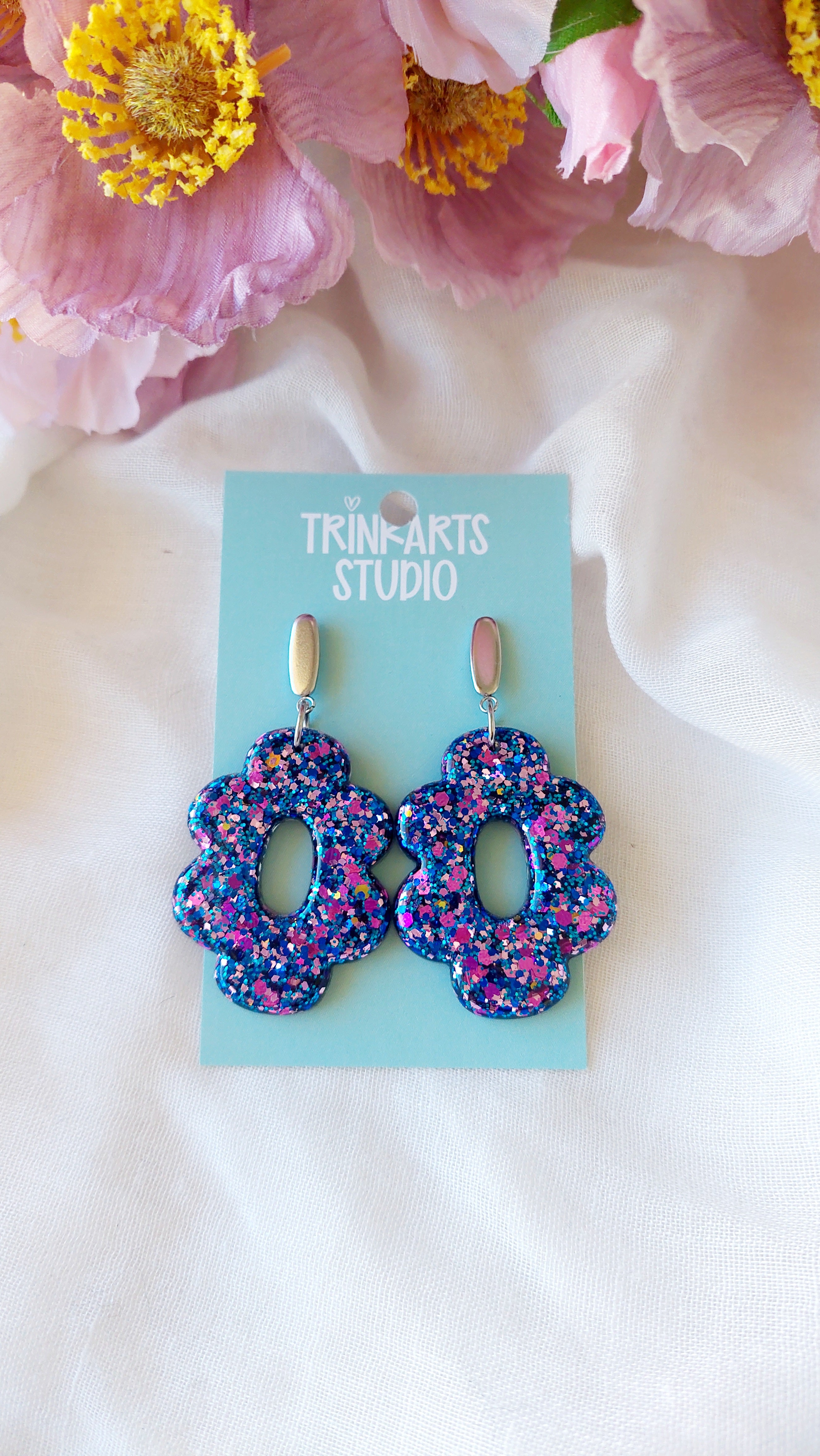 Glitter Resin Flower Dangle Earrings