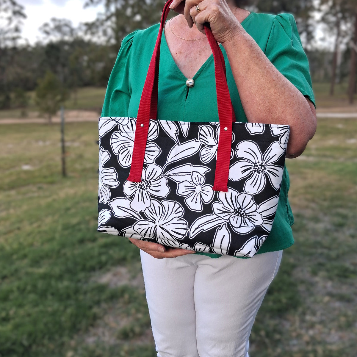 Anchored Tote - Black & White Hibiscus