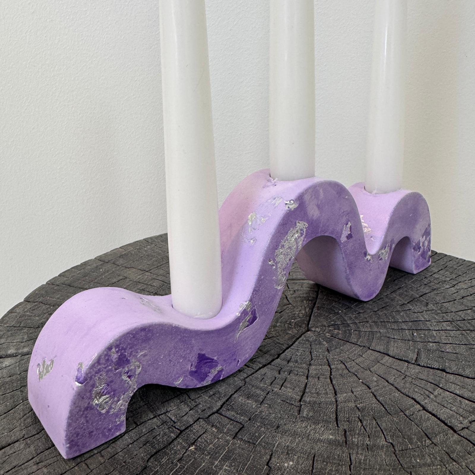 Lilac and silver wave concrete holder for 3 taper candles