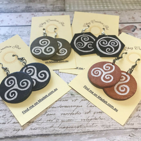 Hand Painted Wooden Earrings with Triple Spiral