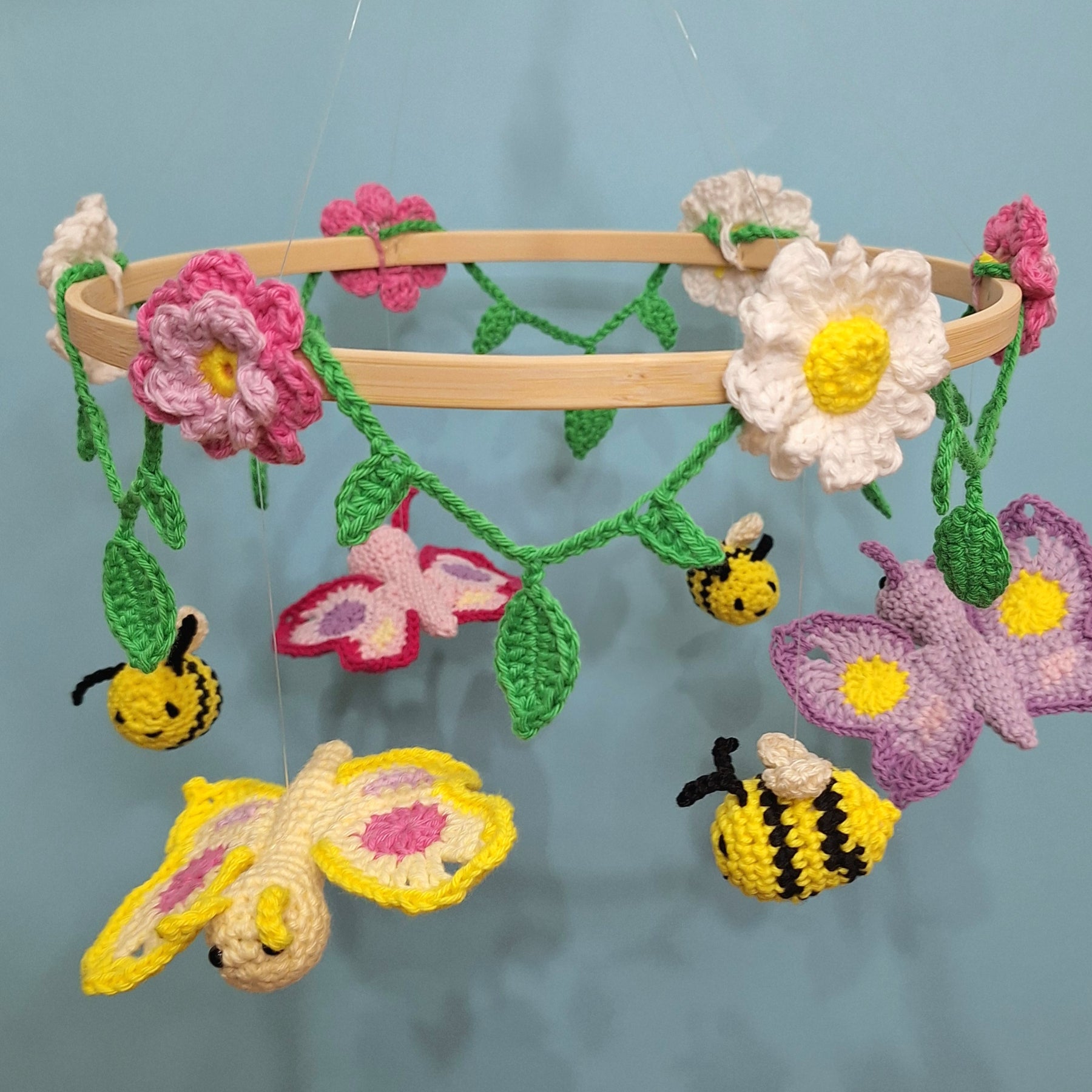 Crocheted Butterfly and Bee Springtime mobile