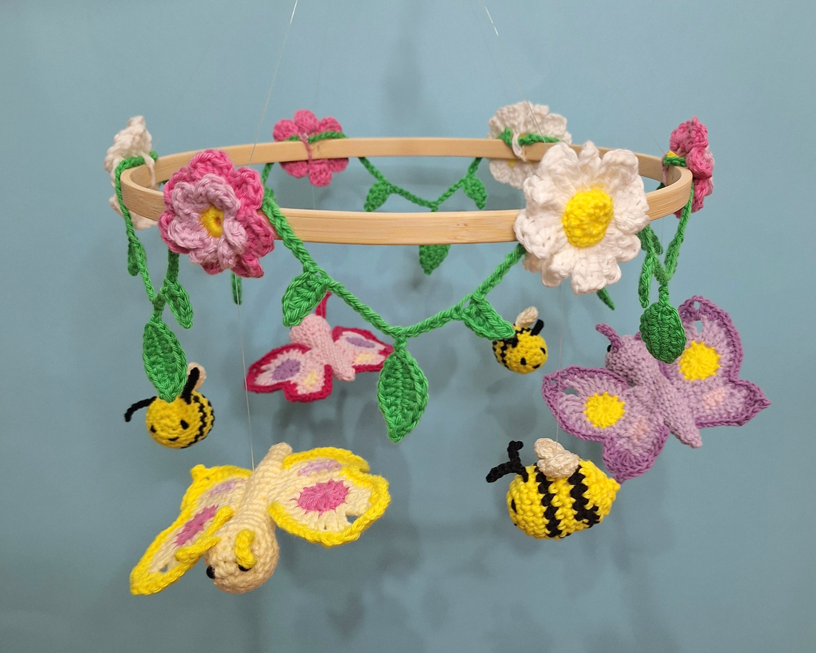 Crocheted Butterfly and Bee Springtime mobile