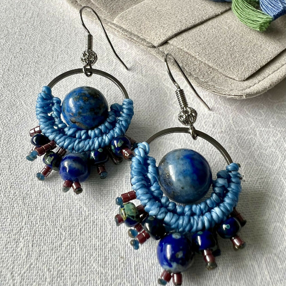 Blue Planet Micro Macrame Earrings - Lapiz Lazuli & Miyuki +Free Microfibre Pouch