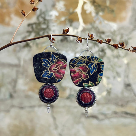 Earrings Pink Plum Blue Black Floral Reversible - EC-638