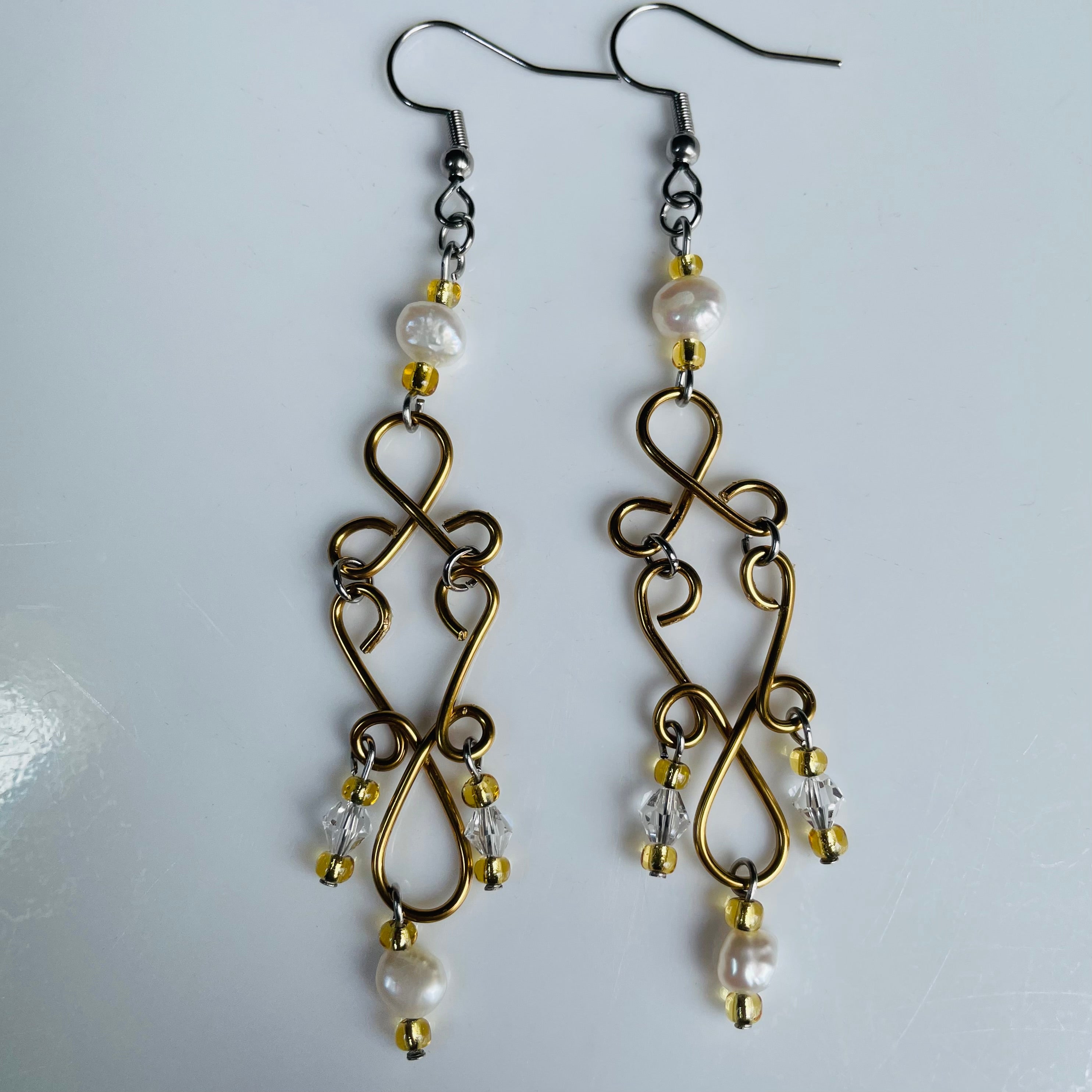 B's Elegant Dangling Gold Wired Earrings with Freshwater Pearls and Crystals