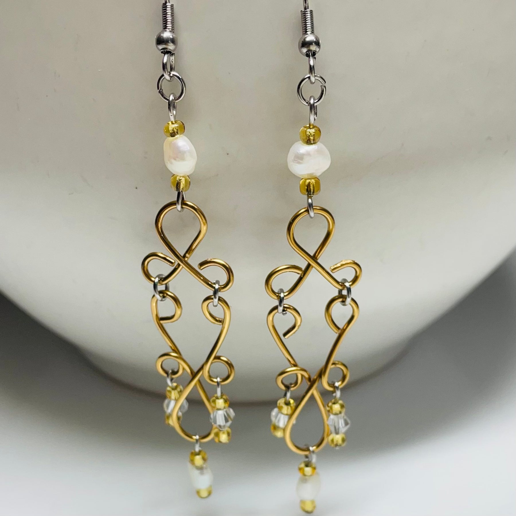 B's Elegant Dangling Gold Wired Earrings with Freshwater Pearls and Crystals