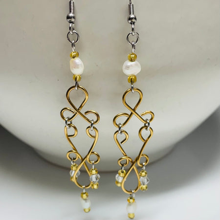 B's Elegant Dangling Gold Wired Earrings with Freshwater Pearls and Crystals