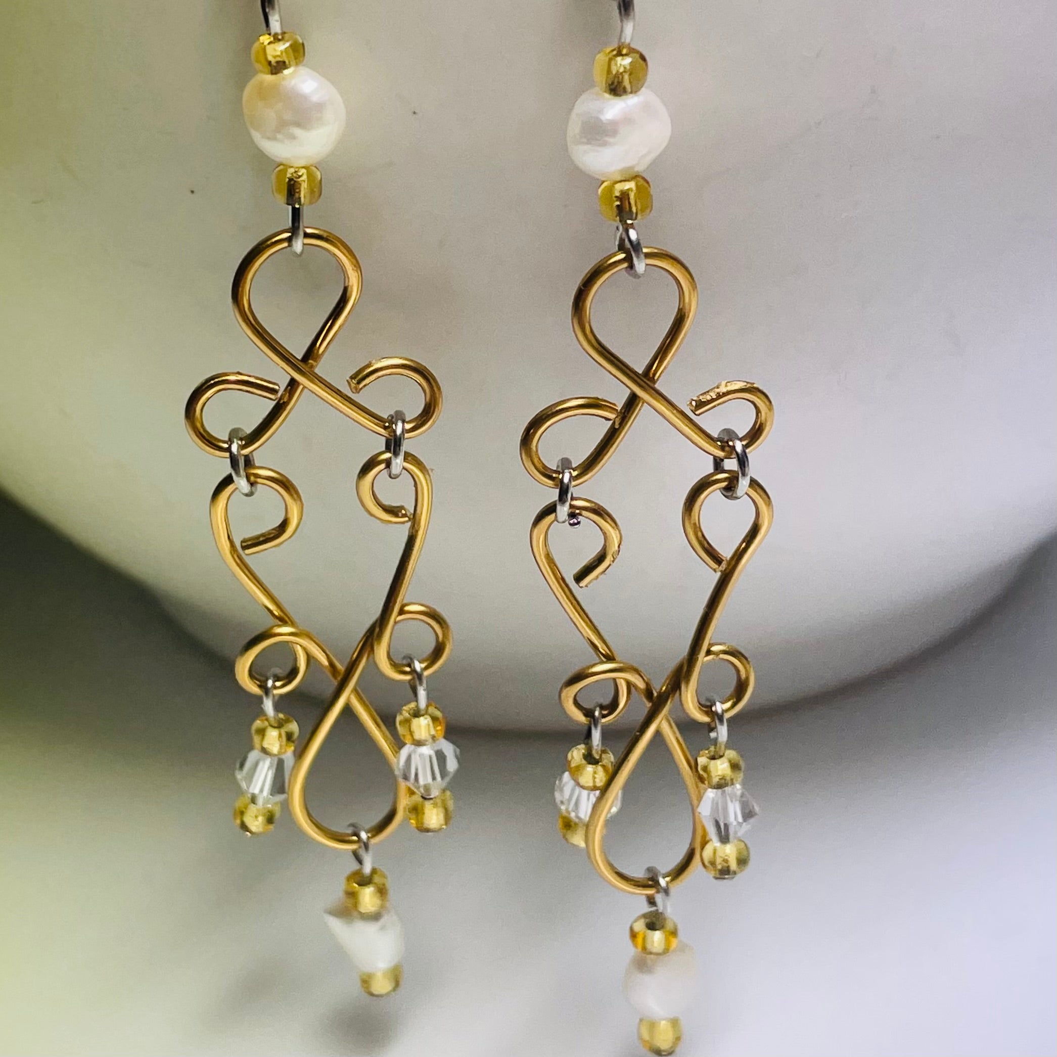 B's Elegant Dangling Gold Wired Earrings with Freshwater Pearls and Crystals