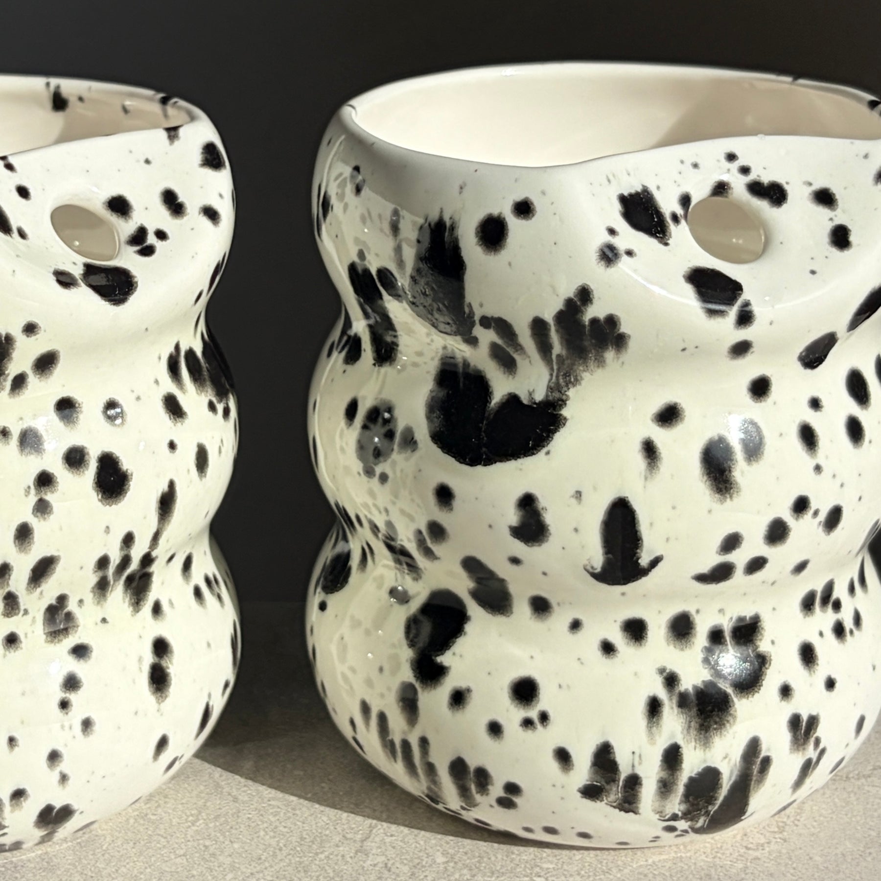 Handcrafted Porcelain Tumbler with Silicon Straw, 600mL Bubble Cup in Dalmatian Glaze