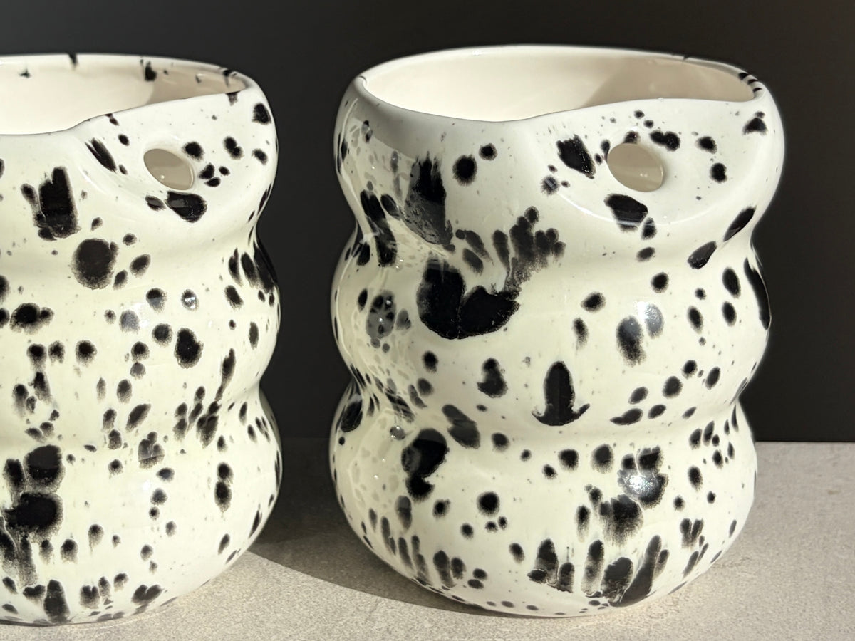 Handcrafted Porcelain Tumbler with Silicon Straw, 600mL Bubble Cup in Dalmatian Glaze