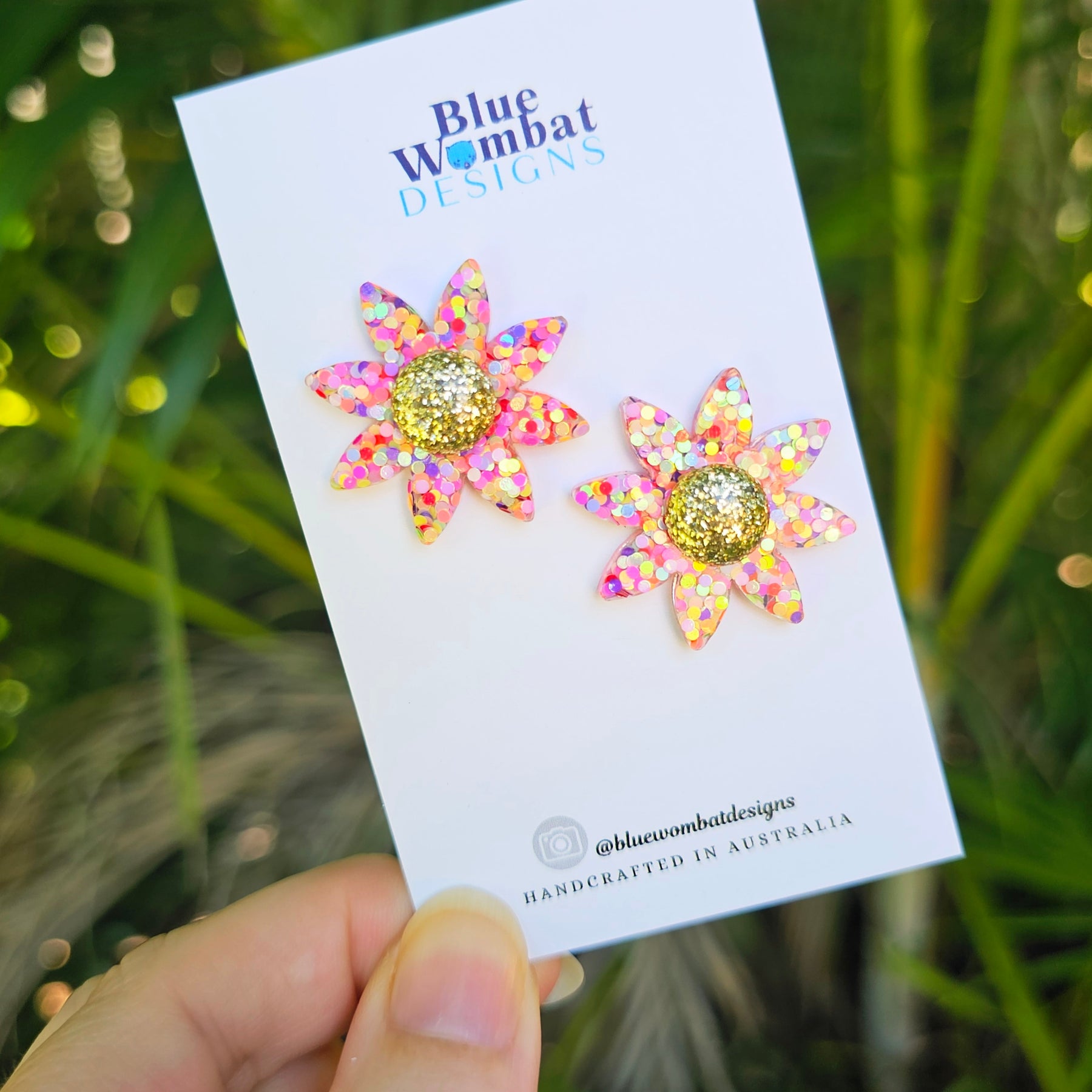 Resin Flower Colourful Glitter Stud Earrings 28mm